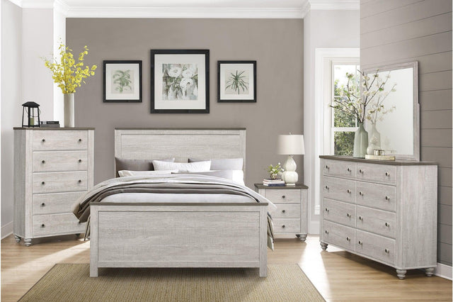 Nashville Two-tone Antique White/Brown Melamine Transitional Rustic Faux Wood Panel Bedroom Set - Ella Furniture