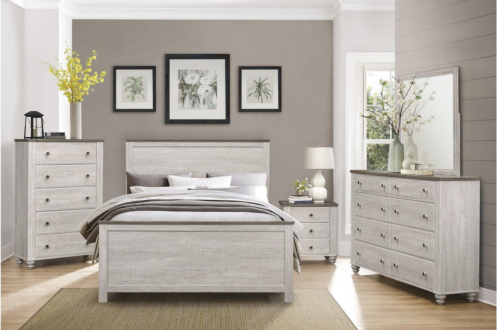 Nashville Two-tone Antique White/Brown Melamine Transitional Rustic Faux Wood Panel Bedroom Set - Ella Furniture