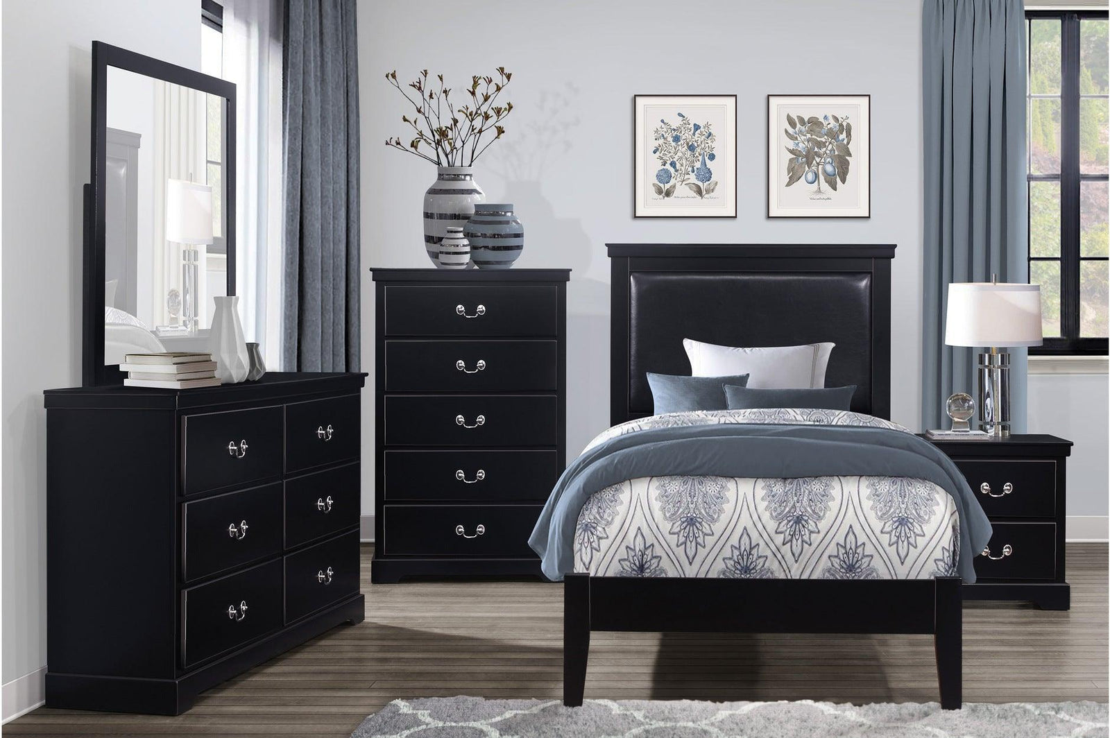 Seabright Black Painted Wood And Engineered Wood Faux Leather Upholstered Youth Bedroom Set - Ella Furniture