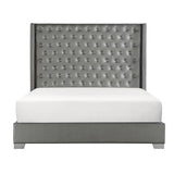 Jacklyn Silver Modern Contemporary Solid Wood Faux Leather Upholstered Tufted King Panel Bed - Ella Furniture