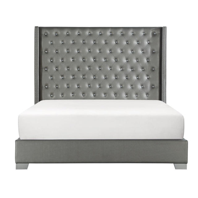 Jacklyn Silver Modern Contemporary Solid Wood Faux Leather Upholstered Tufted King Panel Bed - Ella Furniture