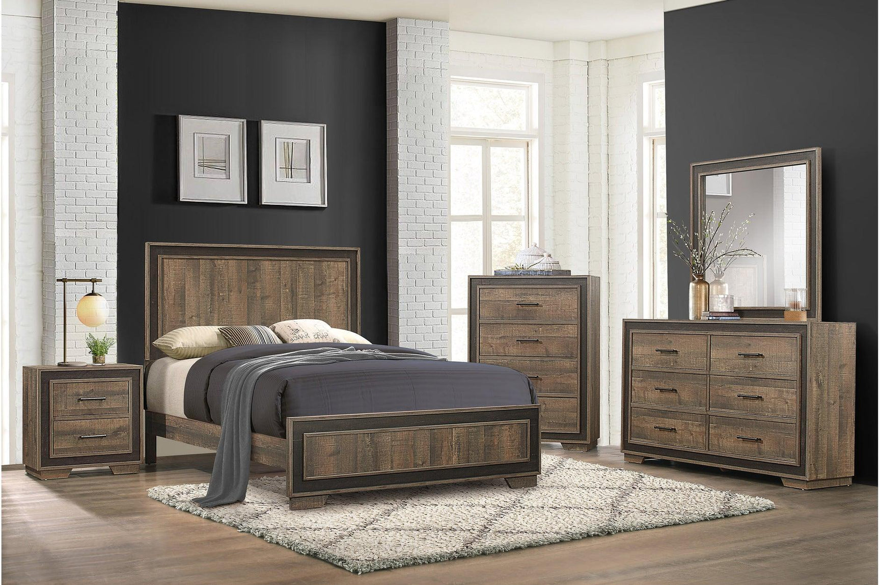 Ellendale Mahogany Rustic Modern Traditional Faux-wood Veneers Panel Bedroom Set - Ella Furniture