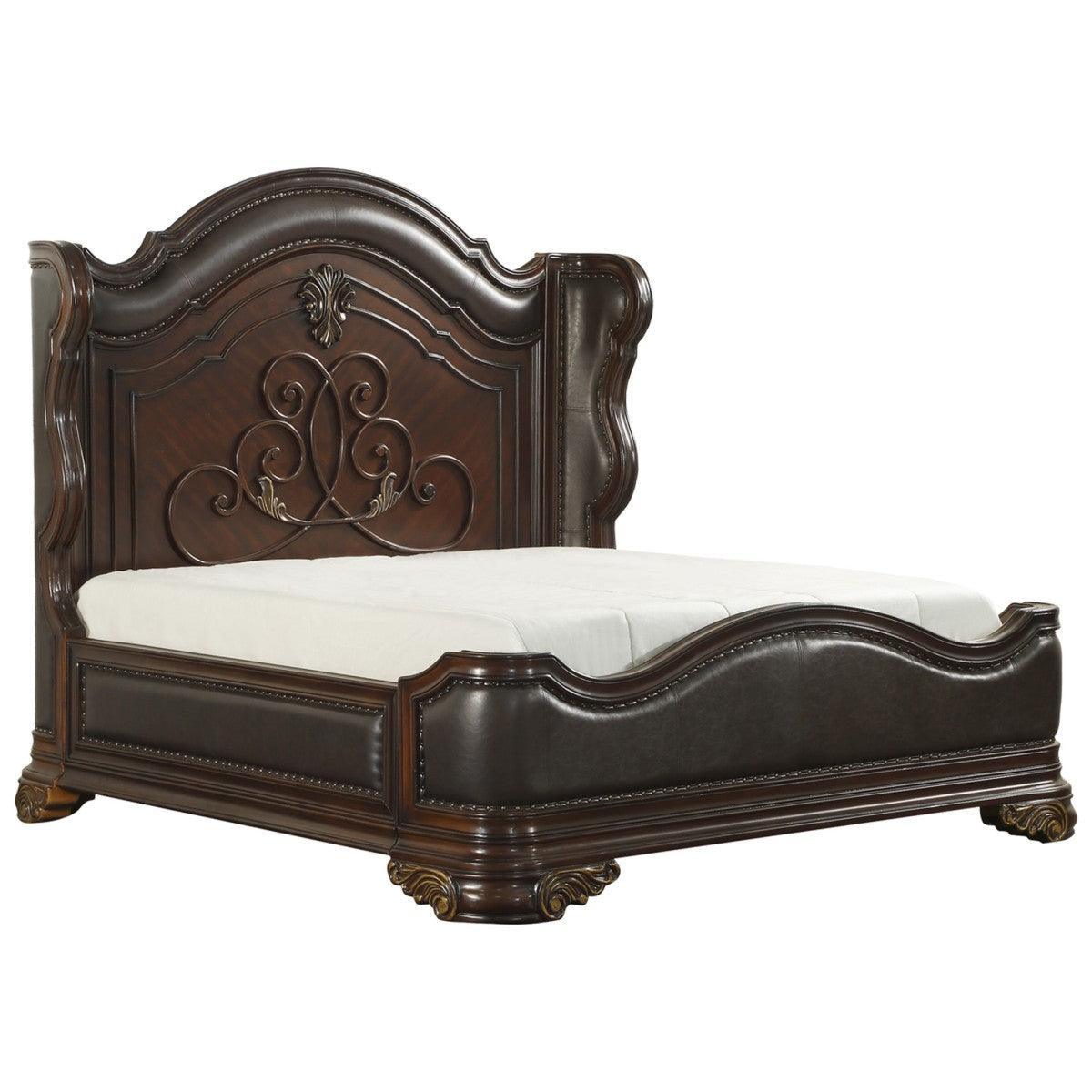 Royal Cherry Modern Traditional Wood And Engineered Wood Faux Leather Upholstered King Panel Bed - Ella Furniture