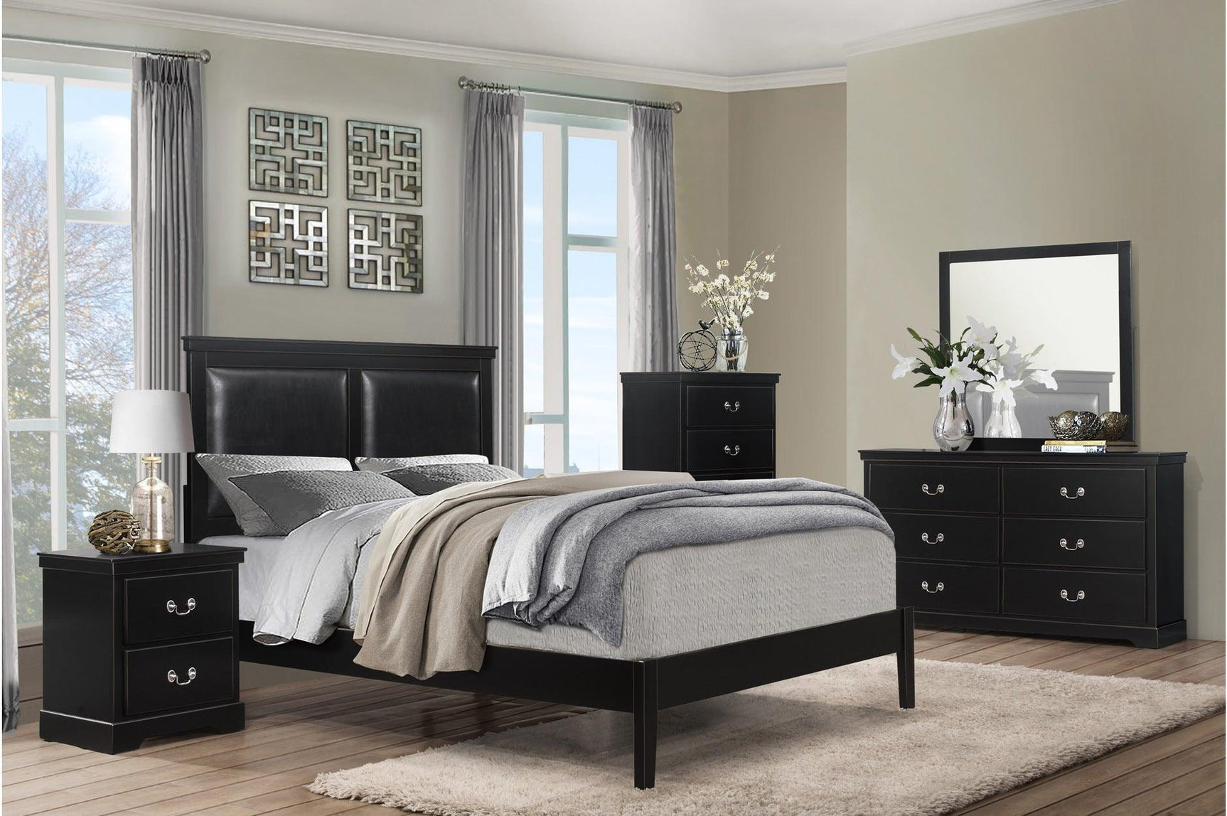 Seabright Black Painted Finish Contemporary Sleek Solid Wood Faux Leather Upholstered Bedroom Set - Ella Furniture