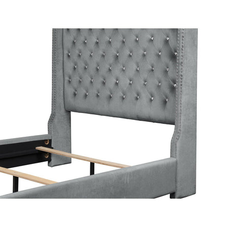 Jacklyn Gray Modern Contemporary Solid Wood Faux Leather Upholstered Tufted Queen Panel Bed - Ella Furniture