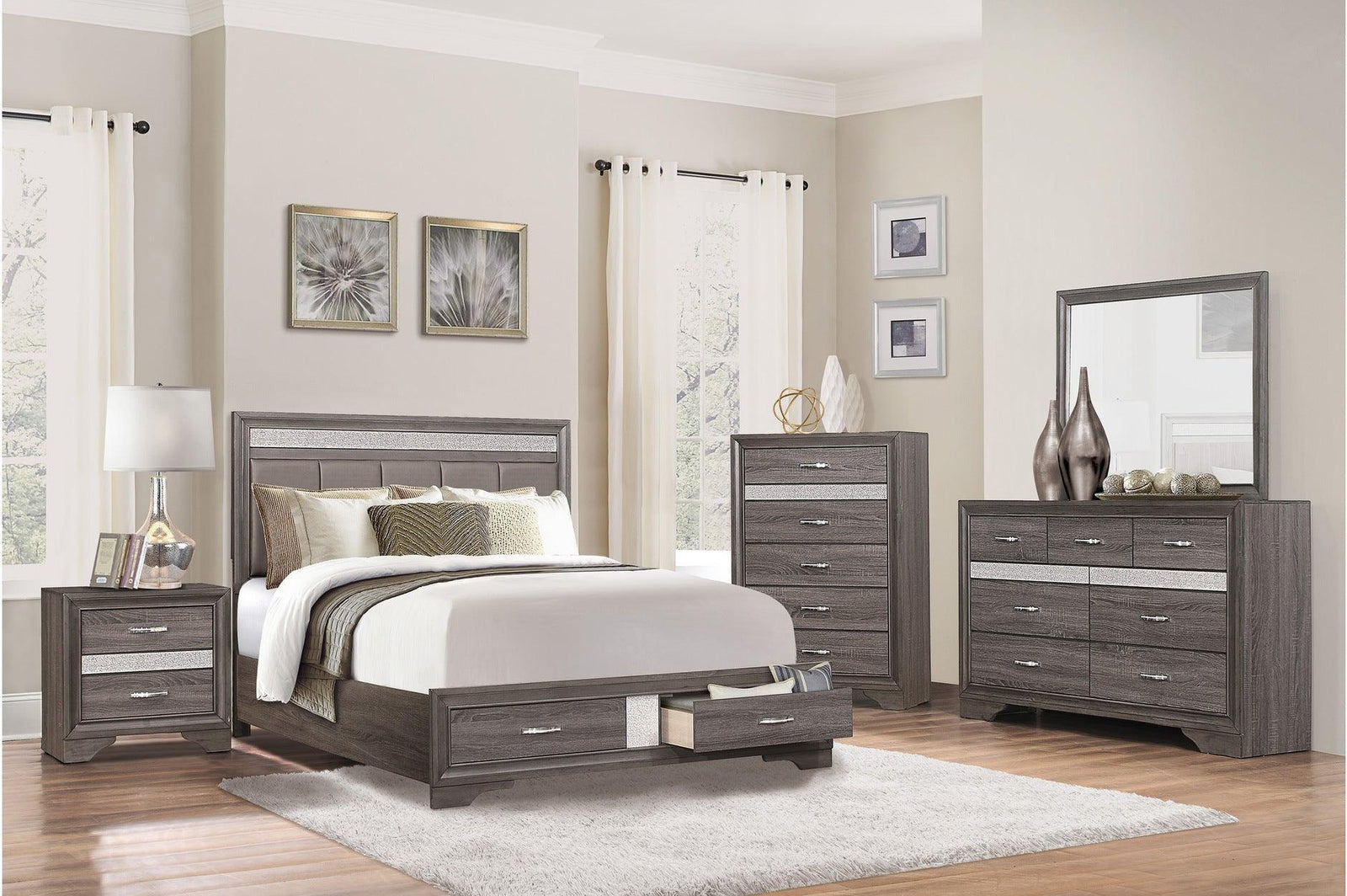Luster Gray Modern Contemporary Solid Wood Faux Leather Upholstered Storage Platform Bed - Ella Furniture