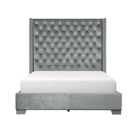 Jacklyn Gray Modern Contemporary Solid Wood Faux Leather Upholstered Tufted Queen Panel Bed - Ella Furniture