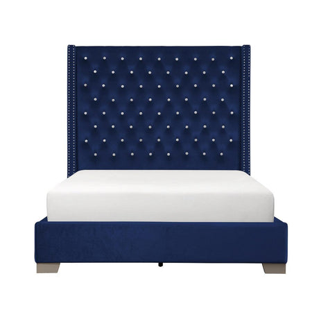 Jacklyn Blue Modern Contemporary Solid Wood Faux Leather Upholstered Tufted King Panel Bed - Ella Furniture