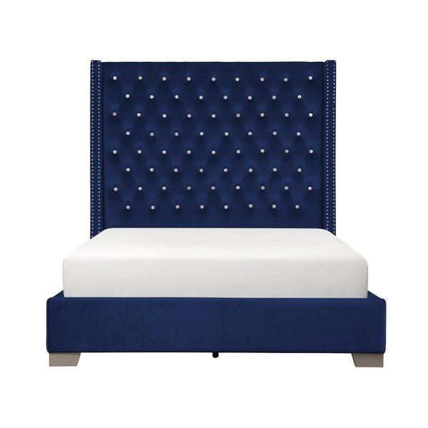 Jacklyn Blue Modern Contemporary Solid Wood Faux Leather Upholstered Tufted King Panel Bed - Ella Furniture