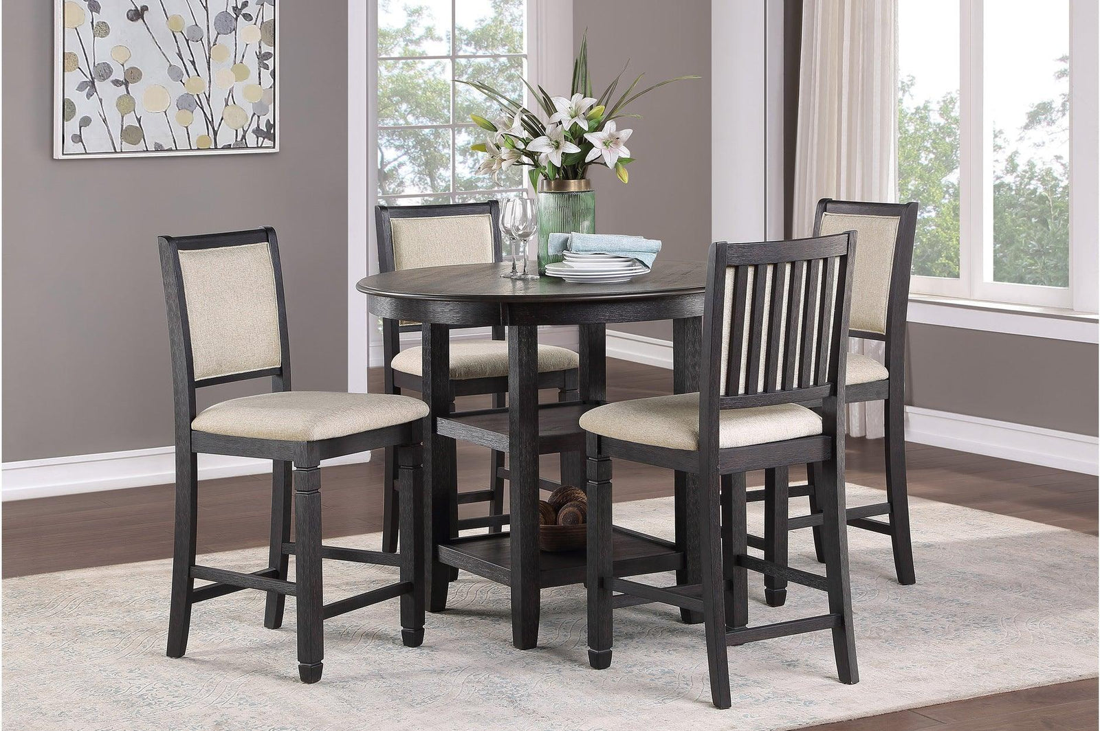 Asher Beige Dark Wood Plush Cushions Fabric Upholstered Seat Round Counter Height Dining Room Set - Ella Furniture