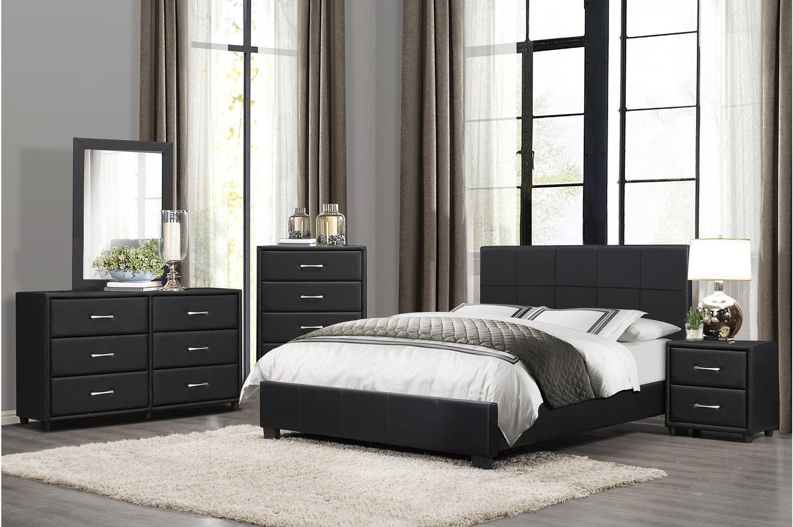 Lorenzi Black Modern Contemporary Sleek Faux Leather Upholstered Panel Bedroom Set - Ella Furniture