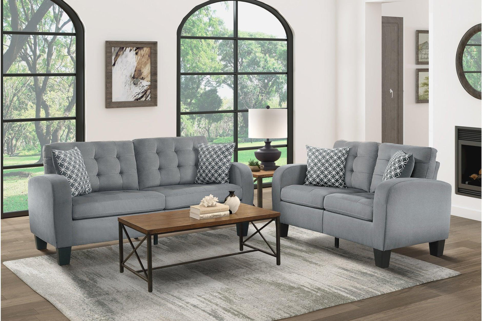 Sinclair Gray Solid Wood And Plywood Textured Fabric Upholstery Tufted Sofa And Love Seat - Ella Furniture