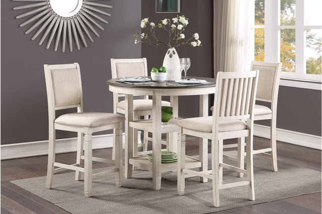 Asher Antique White, Light Brown Wood Fabric Upholstered Round Counter Height Dining Room Set - Ella Furniture