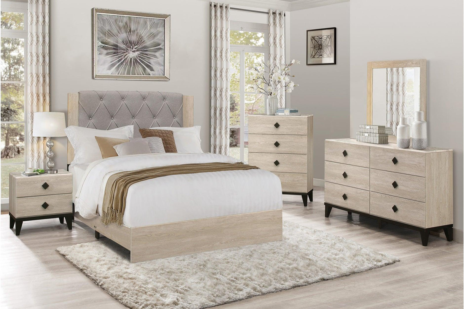 Whiting Gray Linen Modern Contemporary Solid Wood Tufted Panel Bedroom Set - Ella Furniture
