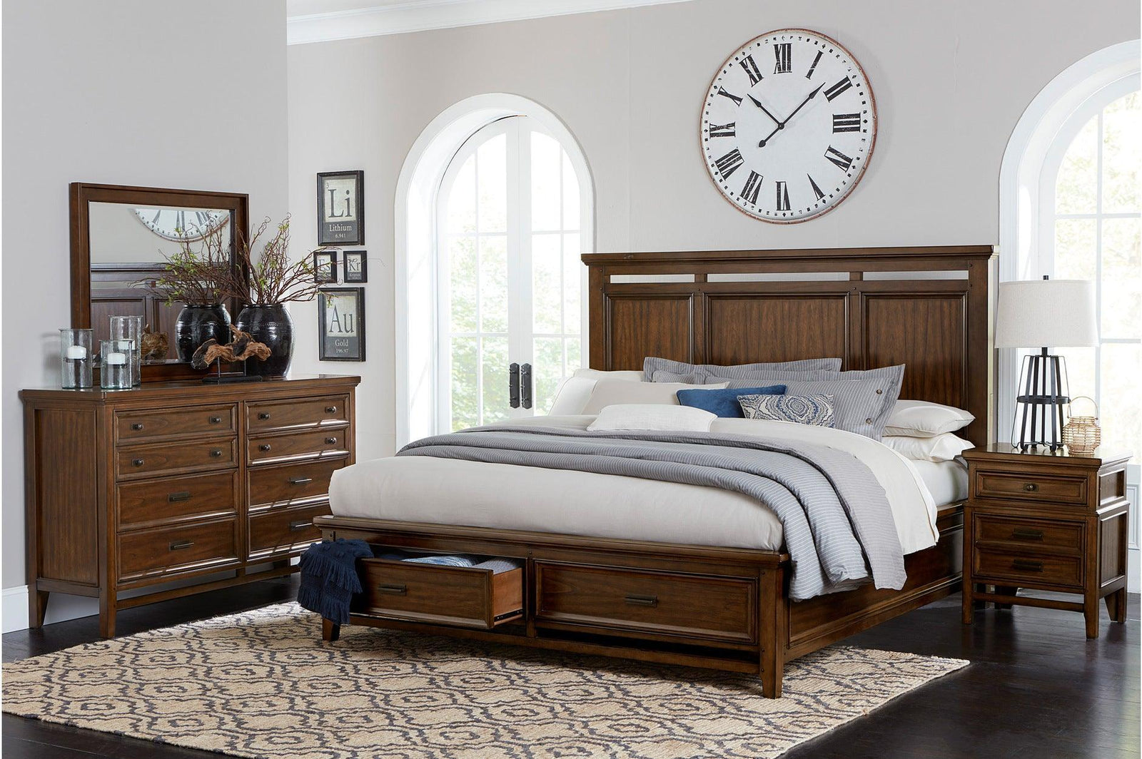 Frazier Park Brown Cherry Modern Contemporary Solid Wood Upholstered Storage Plarform Bedroom Set - Ella Furniture