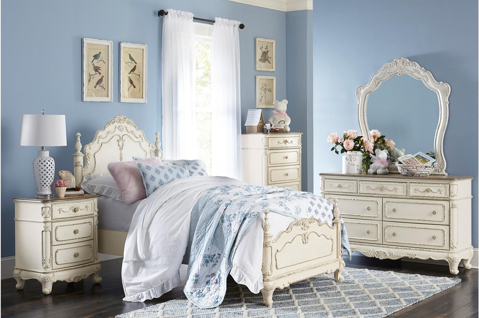 Cinderella Antique White Modern Traditional Solid Wood Youth Panel Bedroom Set - Ella Furniture