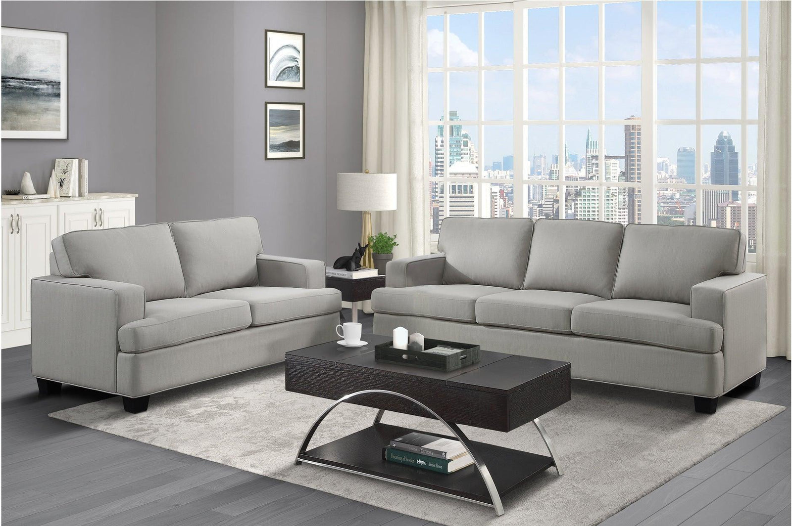 Elmont Khaki Solid Wood And Plywood Textured Fabric Upholstery 2Pc Set: Sofa, Love - Ella Furniture