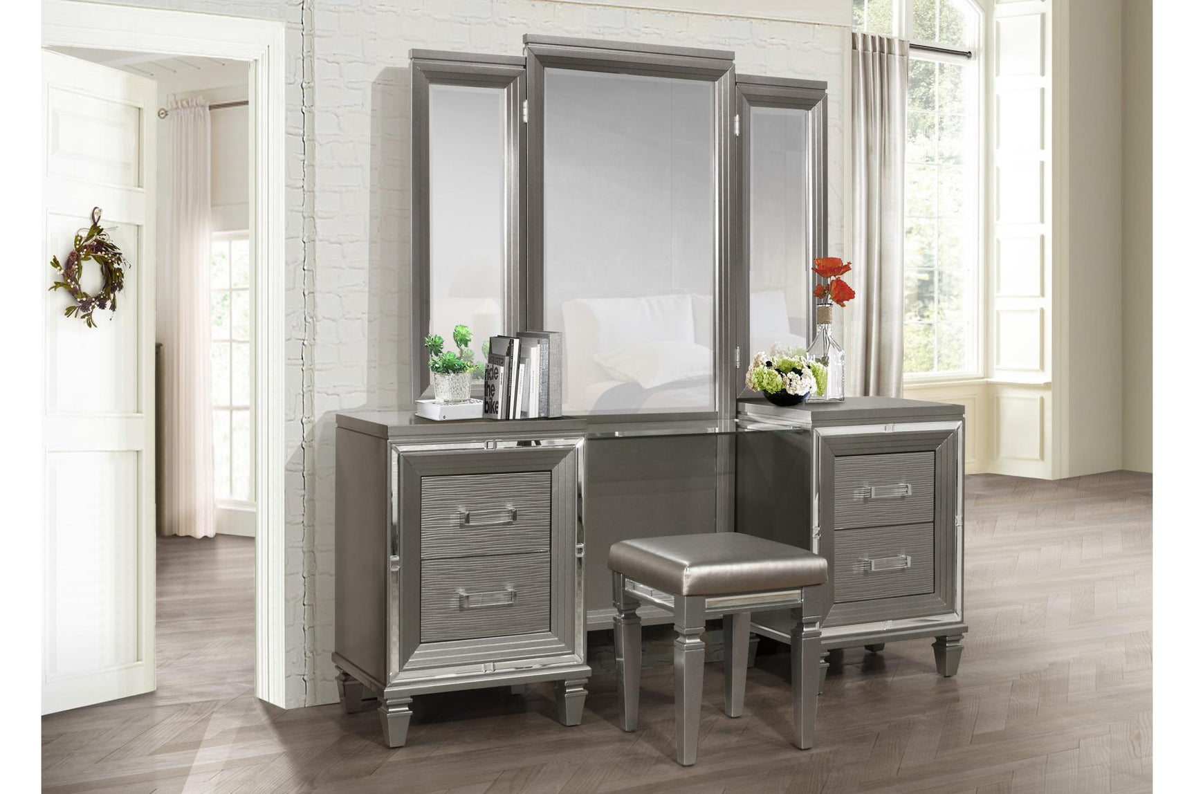 Tamsin Silver Gray Solid Wood Faux Leather Upholstered LED Storage Platform Bedroom Set - Ella Furniture