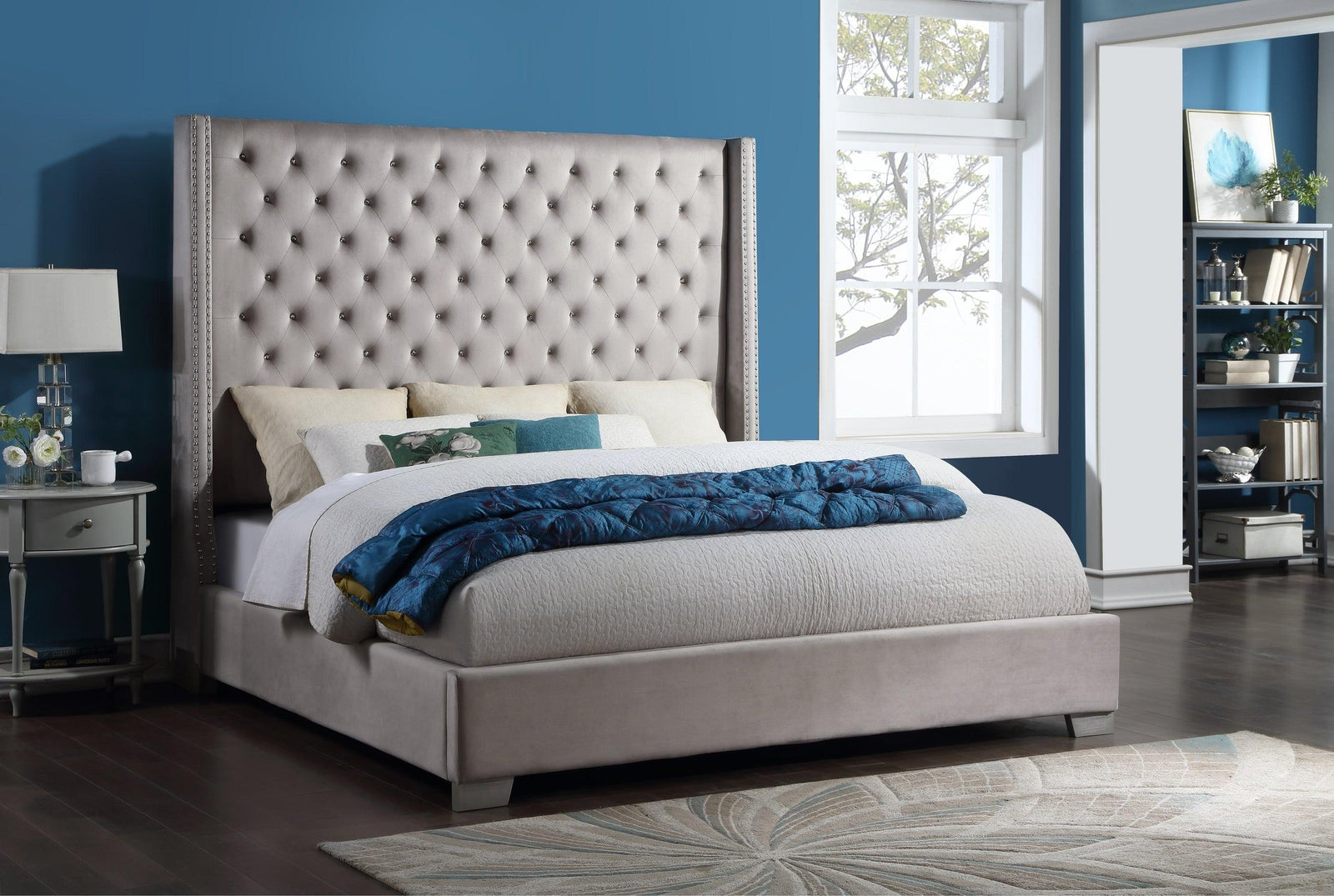 Silver Modern Traditional Solid Wood Velvet Upholstered Tufted Queen Bed - Ella Furniture