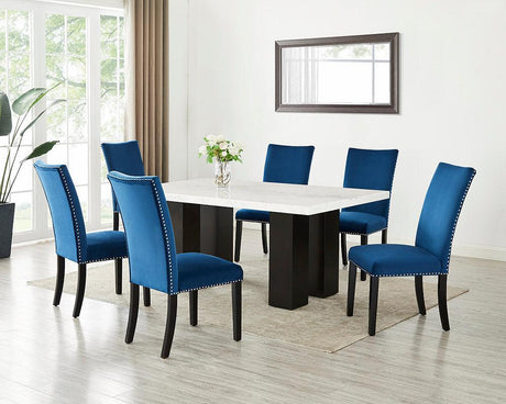 Finland Blue Parsons Velvet Solid Manufactured Wood Genuine Marble Dining Table & 6-Chairs - Ella Furniture