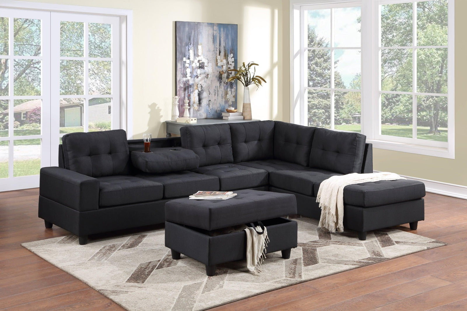 30Heights Black Modern Contemporary Velvet Tufted Linen Reversible Sectional + Storage Ottoman Set - Ella Furniture