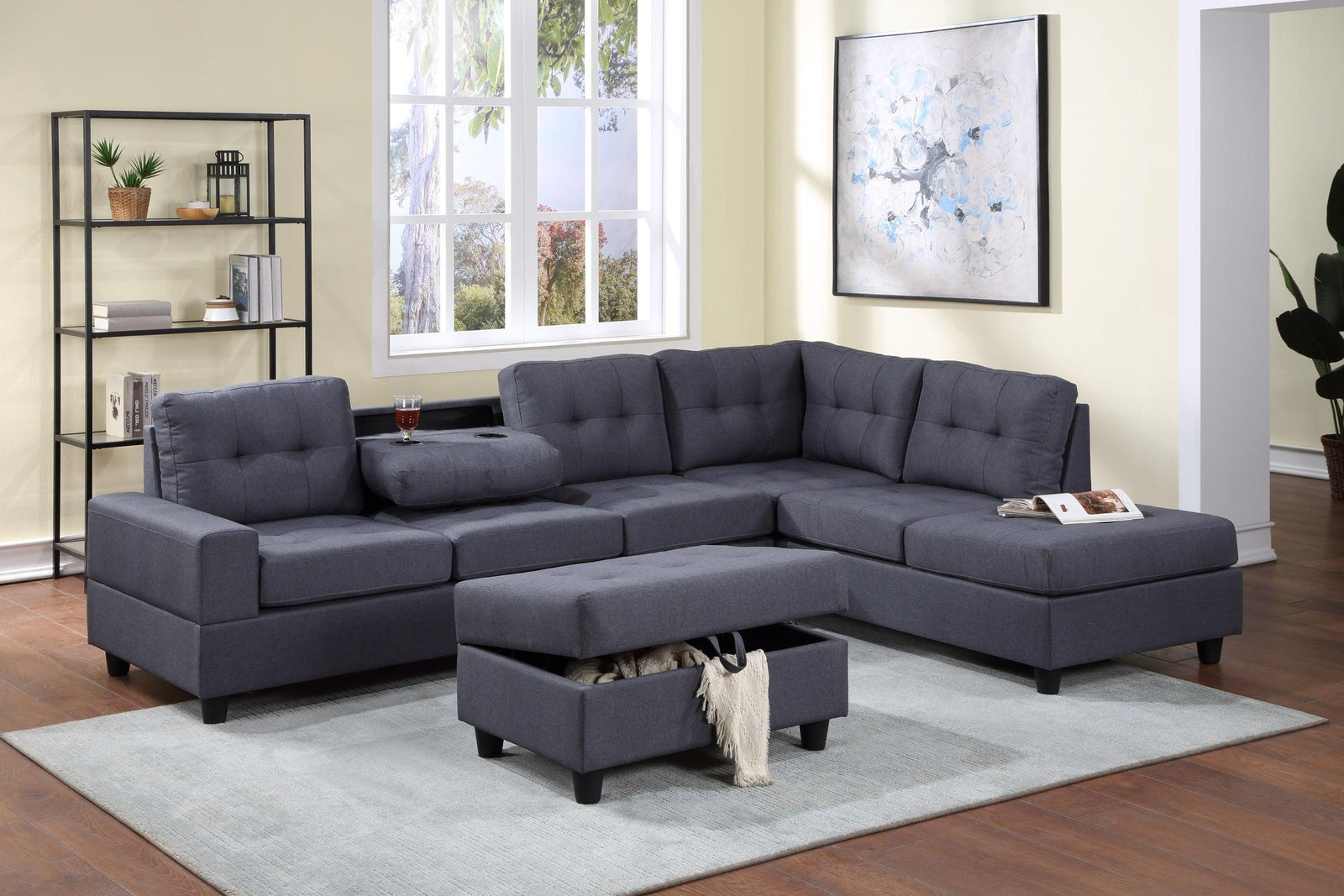 32Heights Gray Modern Contemporary Fabric Tufted Reversible Sectional + Ottoman Set - Ella Furniture