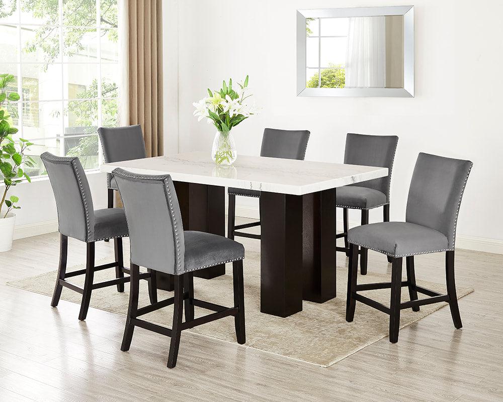 Finley Grey Parsons Velvet Solid Manufactured Wood Genuine Marble Counter Height Dining Table & 6 Chairs