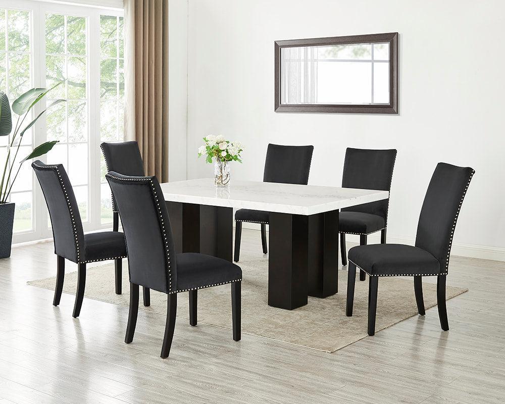 Finland Black Parsons Velvet Solid Manufactured Wood Genuine Marble Dining Table & 6-Chairs - Ella Furniture