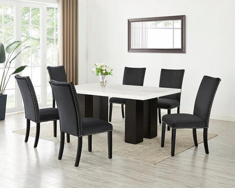 Finland Black Parsons Velvet Solid Manufactured Wood Genuine Marble Dining Table & 6-Chairs - Ella Furniture