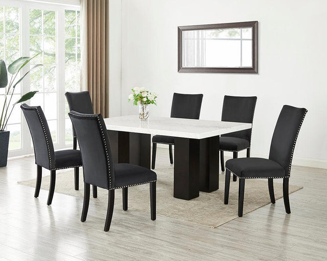 Finland Black Parsons Velvet Solid Manufactured Wood Genuine Marble Dining Table & 6-Chairs - Ella Furniture
