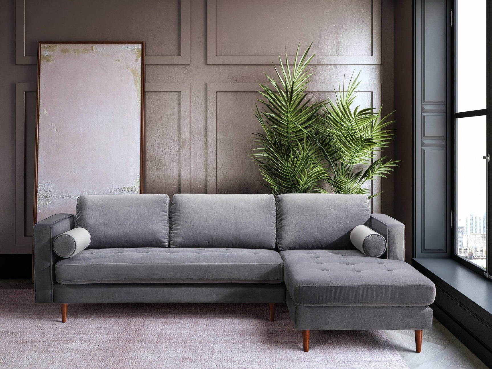 Roxy Grey Modern Contemporary Solid Wood Velvet Sectional - Ella Furniture