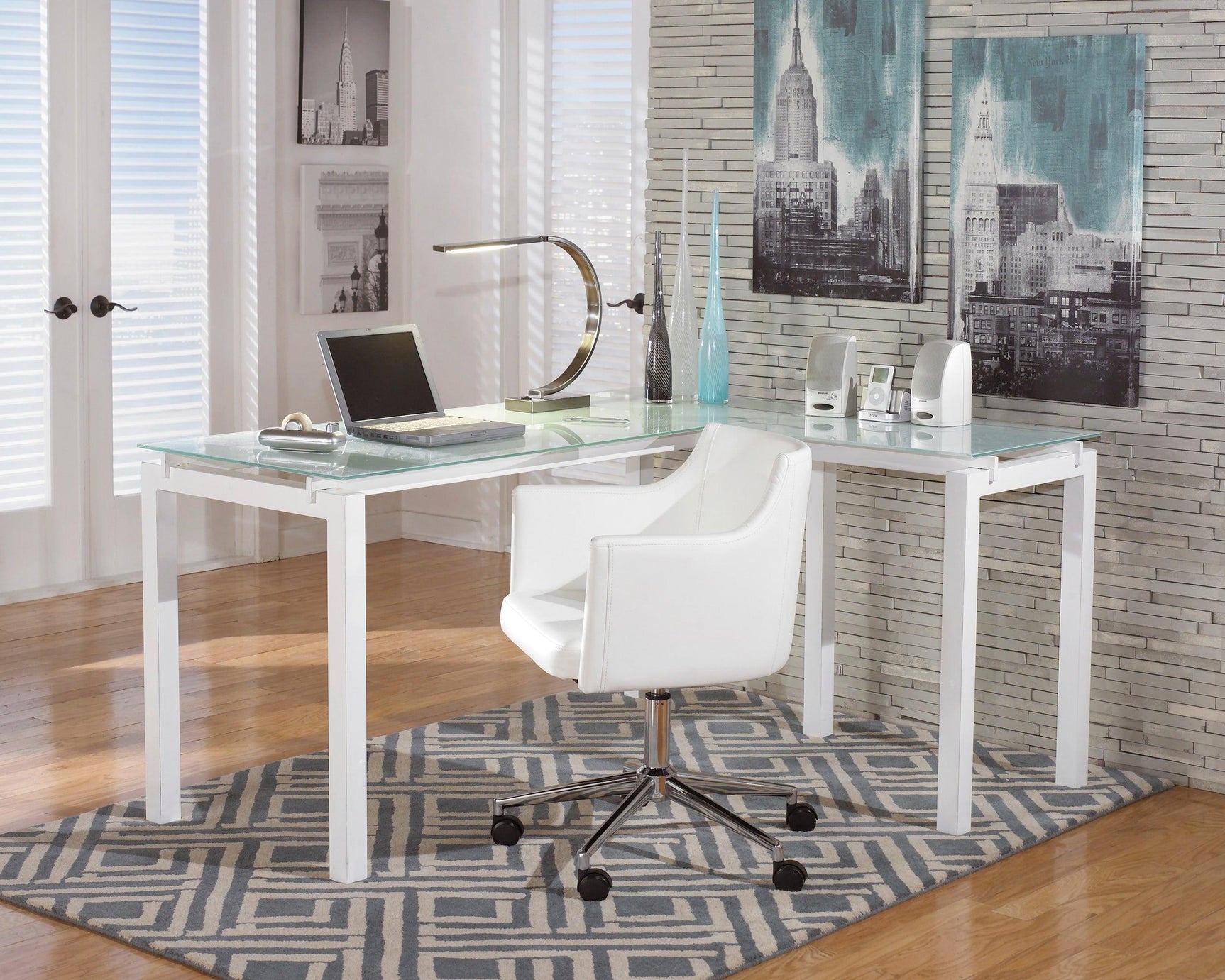Baraga White Modern Contemporary Classic Metal Glass Computer Office L-Desk - Ella Furniture