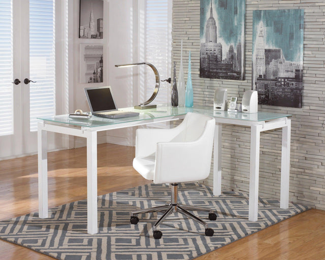 Baraga White Modern Contemporary Classic Metal Glass Computer Office L-Desk - Ella Furniture