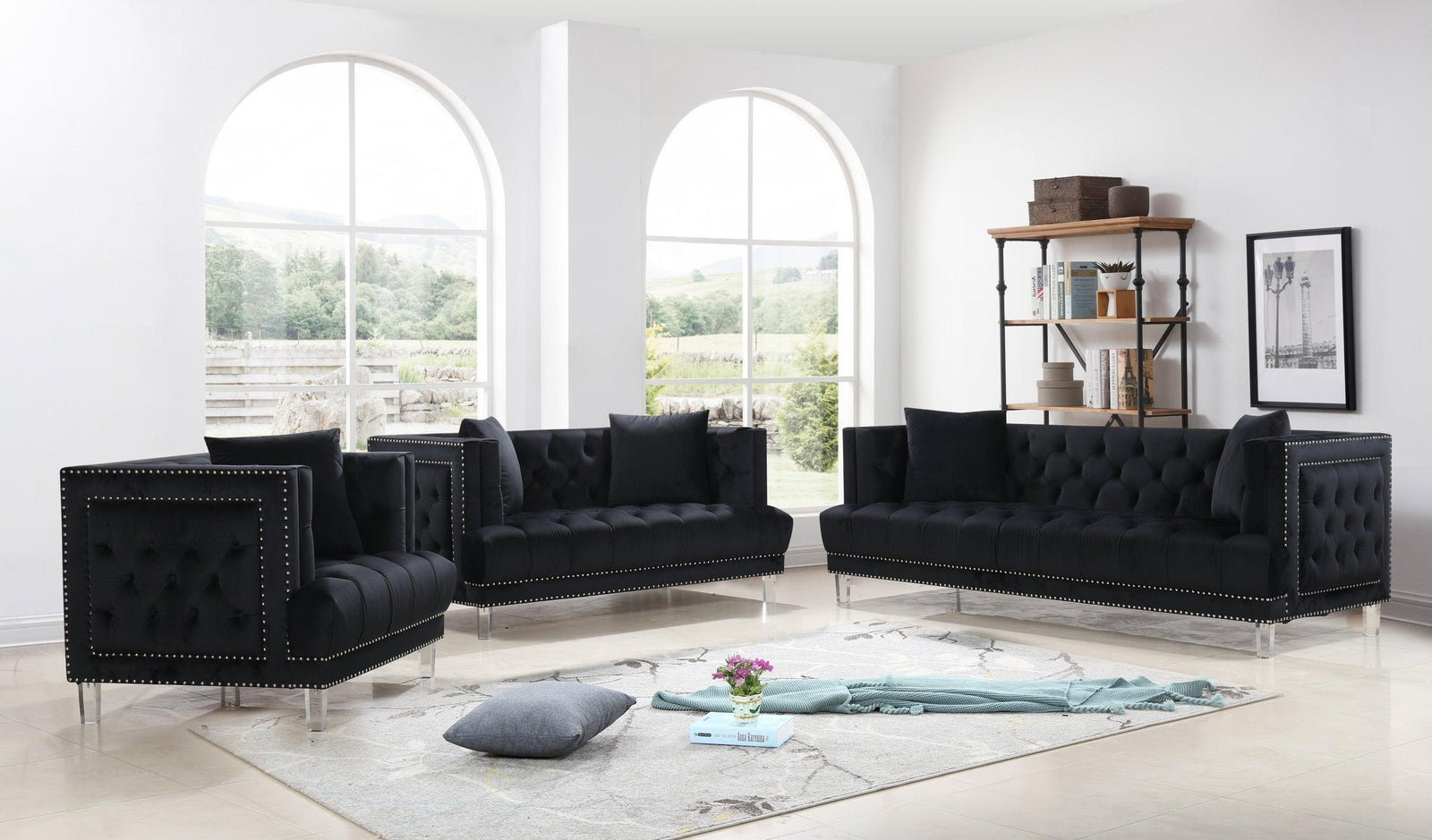 Lucas Black Modern Contemporary Velvet Upholstered Tufted 2Pc Or 3Pc Sofa, Loveseat & Chair - Ella Furniture