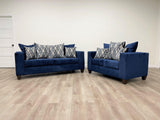 Dora Blue Modern Contemporary Chenille Velvet Upholstered 2Pc Sofa & Loveseat Set - Ella Furniture