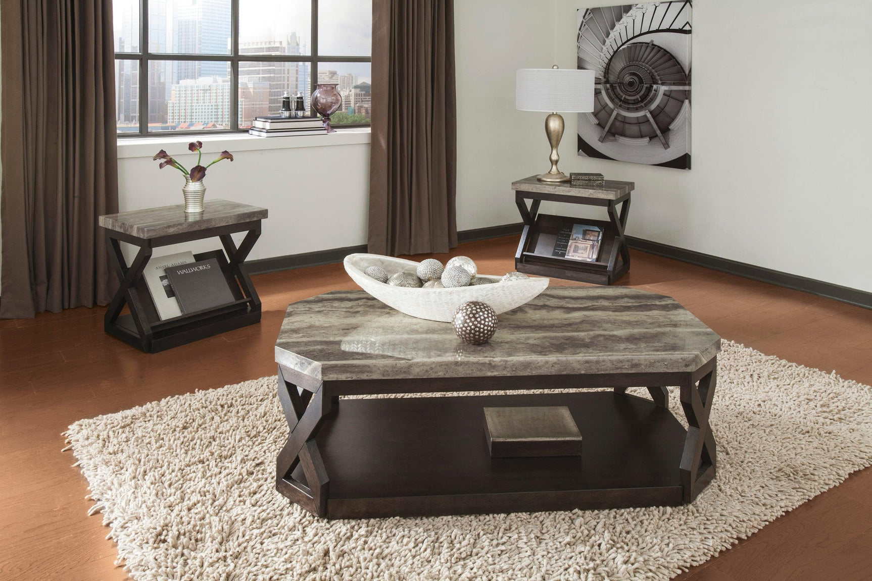 Radilyn Grayish Brown Modern Contemporary Wood And Faux Marble Rectangular Occasional Table Set - Ella Furniture