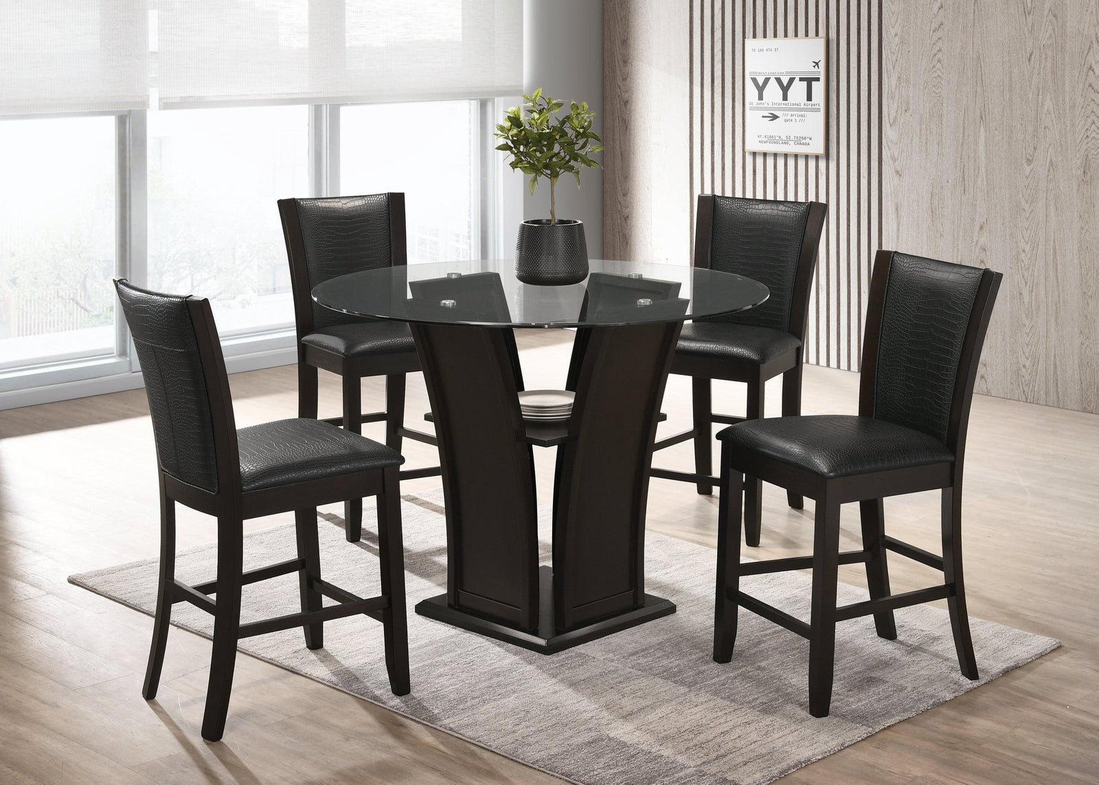 Orlando Dark Espresso Modern Solid Wood And Round Glass Pub Table + 4 Black Faux Leather Chair Dining Set - Ella Furniture