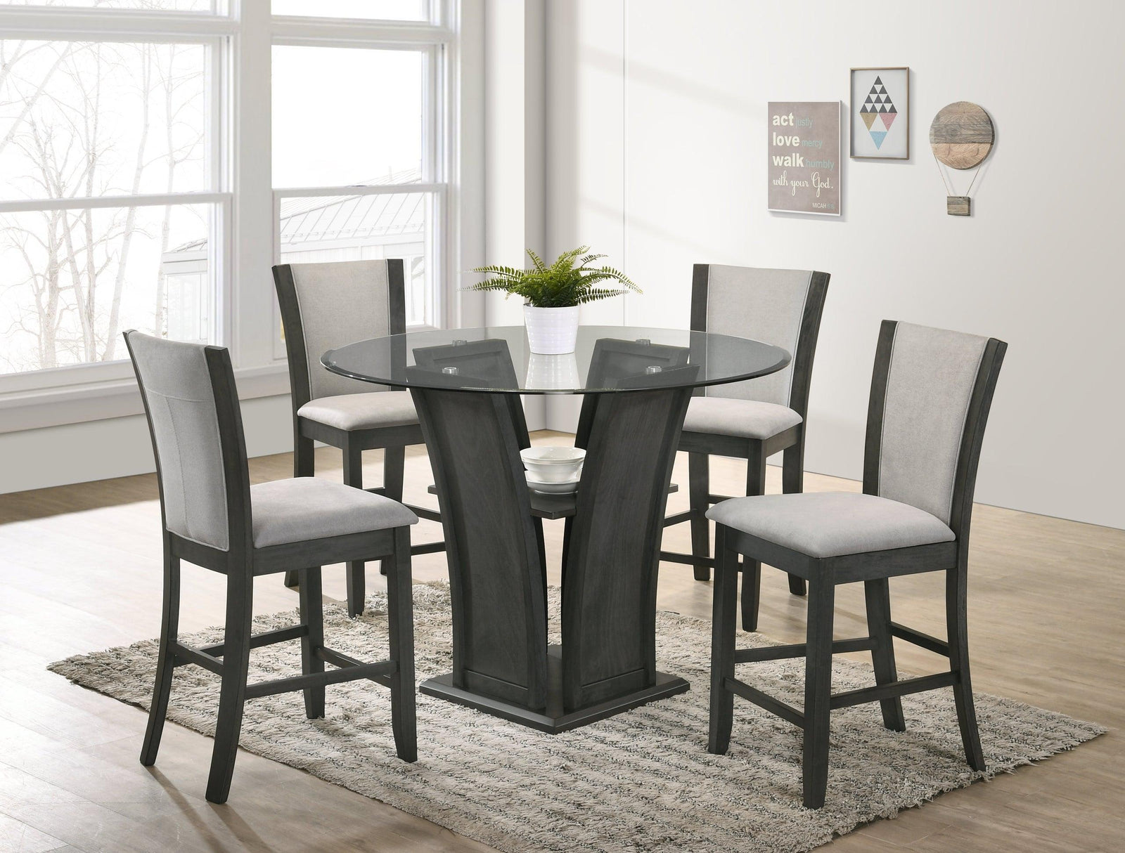 Orlando Grey Modern Solid Wood And Round Glass Pub Table + 4 Velvet Chair Dining Set - Ella Furniture