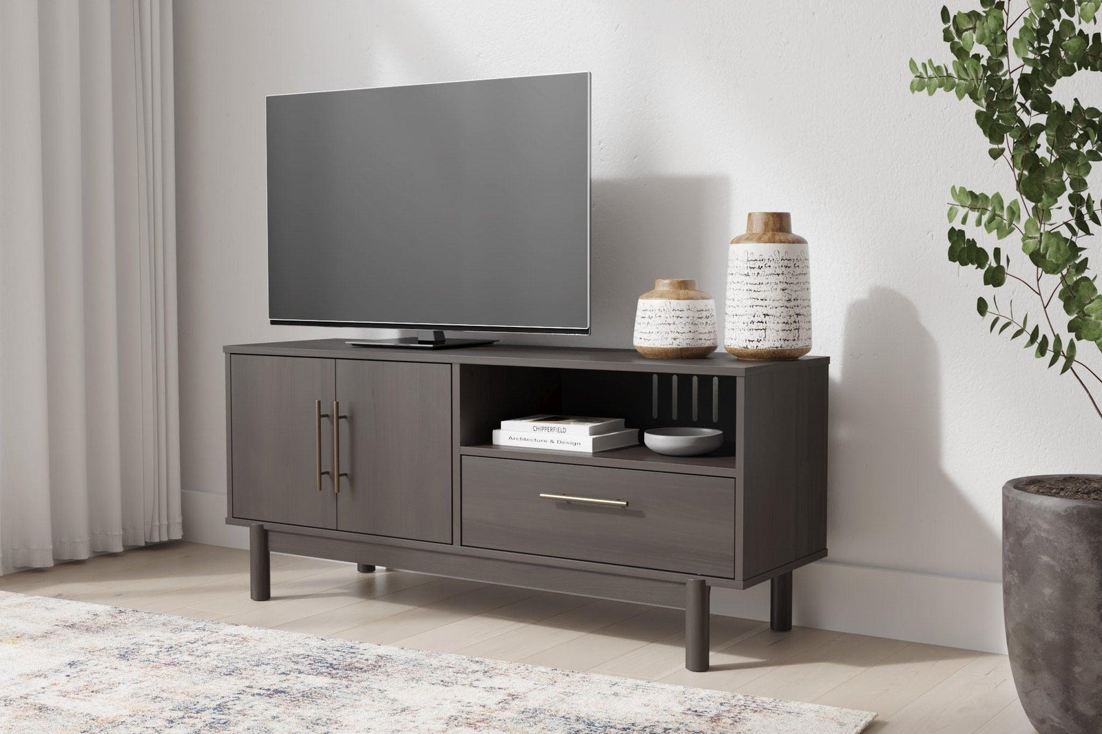 Brymont Mocha Gray Modern Contemporary Solid Wood Tv Stand With Cabinet And Storage - Ella Furniture