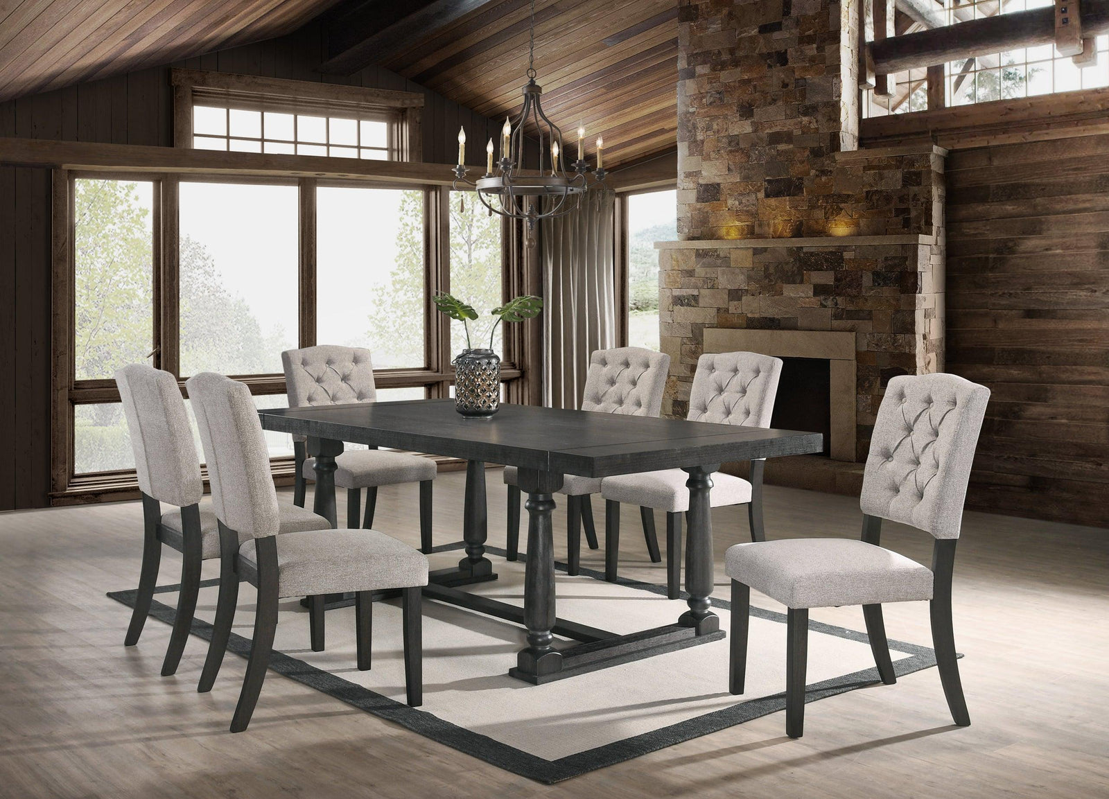 Henderson Dark Gray Transitional Wood Veneers And Solids Fabric Tufted Dining Table + 6 Chair Set