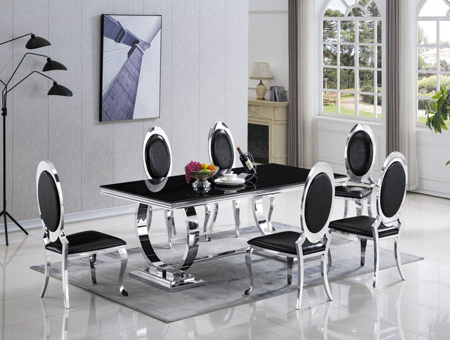 Betsy Black Sleek Modern Metal Faux Leather Dining Table + 6 Chair Set - Ella Furniture