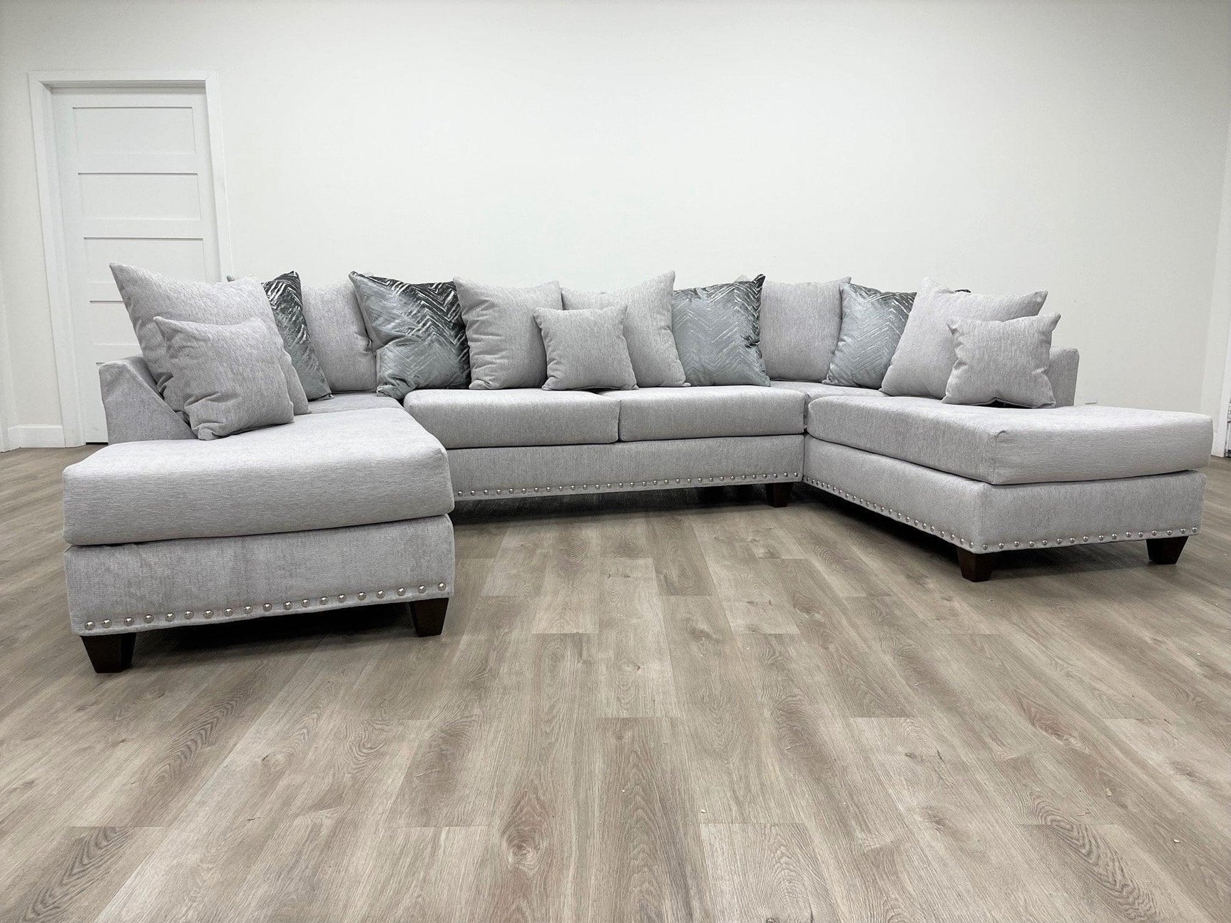 Dove Nailheads Silver Modern Contemporary Metal Legs Velvet/Fabric Upholstered Sectional - Ella Furniture