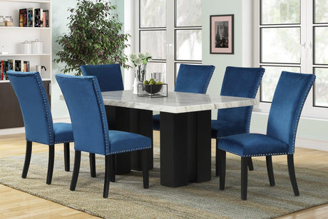 Deinppa Blue Contemporary Industrial Wood Faux Marble Velvet Dining Table + 6 Chair Set - Ella Furniture