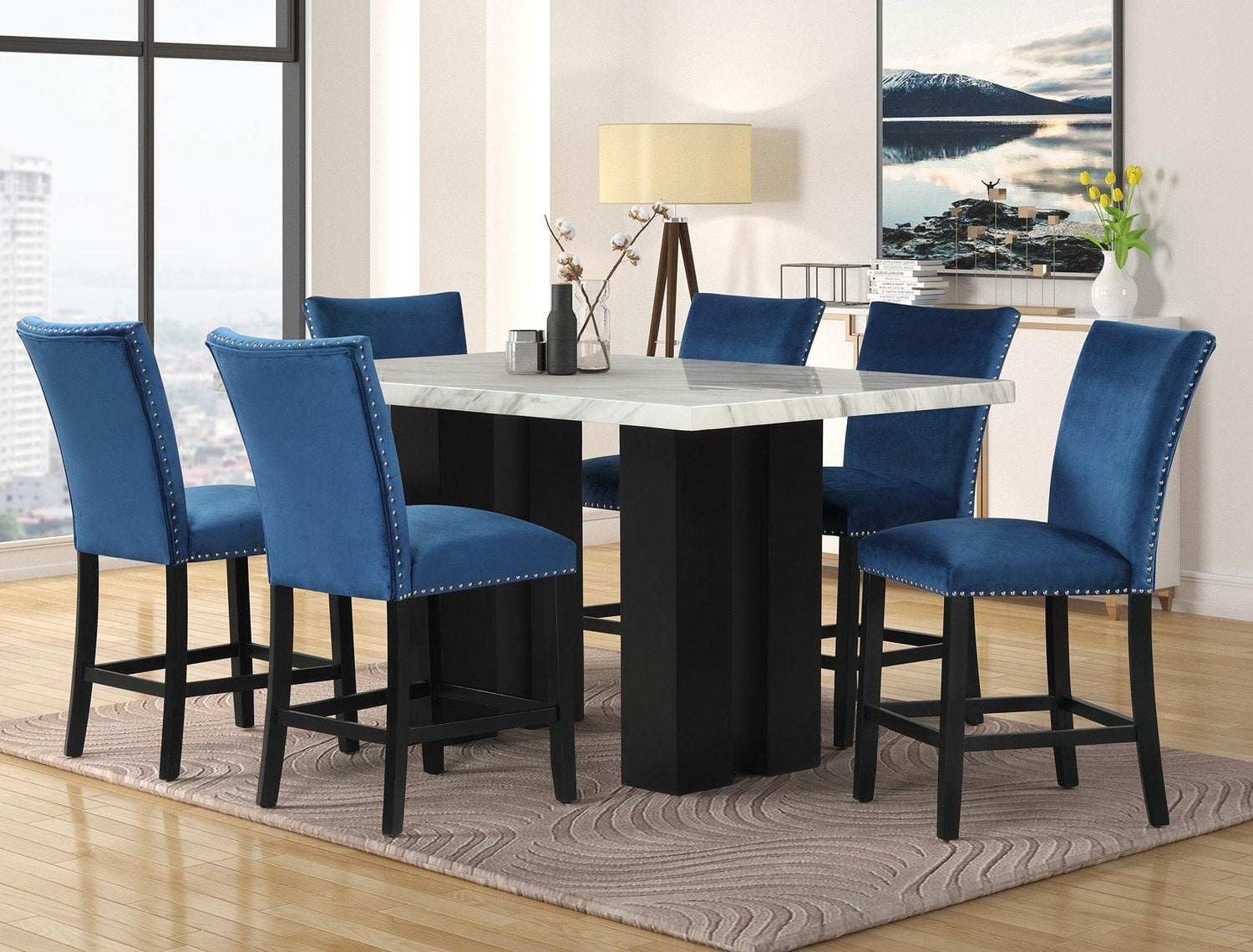 Stockholm Blue Contemporary Industrial Wood Faux Marble Velvet Counter Height Dining Table + 6 Chair Set - Ella Furniture