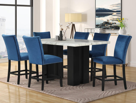 Stockholm Blue Contemporary Industrial Wood Faux Marble Velvet Counter Height Dining Table + 6 Chair Set - Ella Furniture
