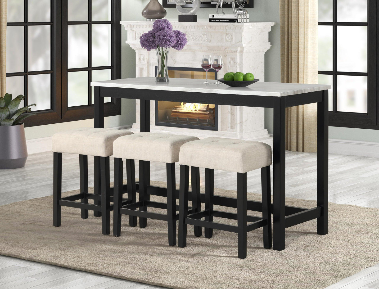 Gloria White Linen Modern Solid Wood And Veneers Pub Table + 3 Fabric Chair Set - Ella Furniture