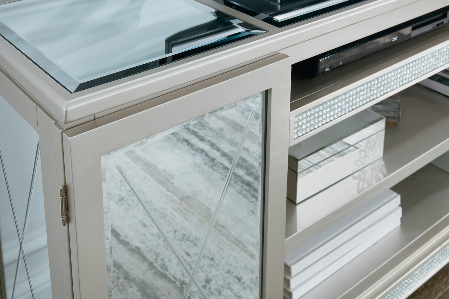Flamory Silver Modern Contemporary Faux Crystal TV Stand With Cabinet Mirror Glass Doors - Ella Furniture