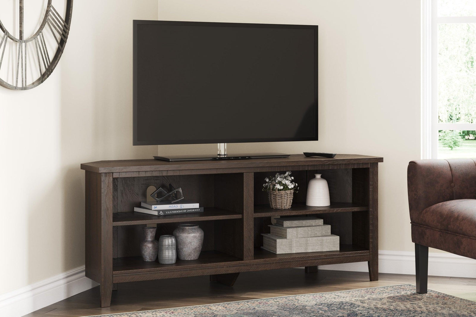 Camiburg Brown Modern Transitional Wood Corner TV Stand With Storage - Ella Furniture