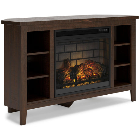 Camiburg Brown Modern Transitional Wood Corner TV Stand With Storage With Fireplace - Ella Furniture