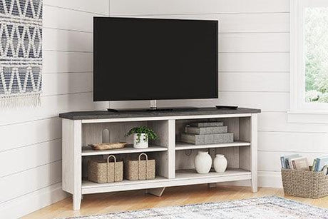 Dorrinson Antique White Modern Transitional Sleek Wood Two-toned Corner TV Stand With Cabinet - Ella Furniture